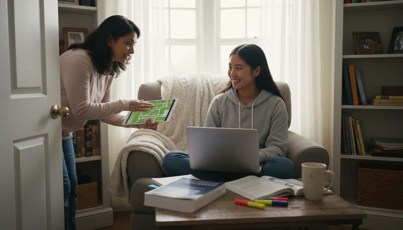 Photo Idea : A bright, candid photo of a high school student coding on a laptop in a cozy study corner, textbook open next to them, with a parent peeking in to discuss plans captures the collaborative spirit of AP study and college planning.