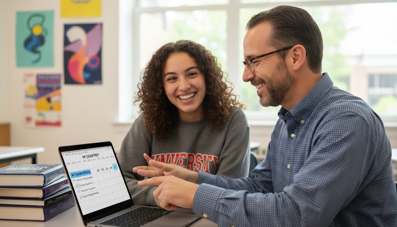 Photo Idea : A student and AP coordinator in conversation over a laptop, both smiling and pointing at the screen that shows a calendar and AP exam checklist. Warm classroom background, focused composition.