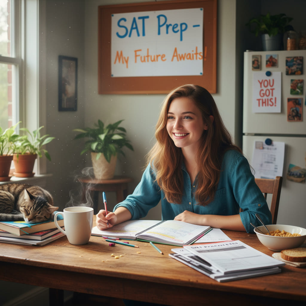 Student studying at a cluttered kitchen table with a notebook, practice test, and a mug of coffee — natural light, focused atmosphere.