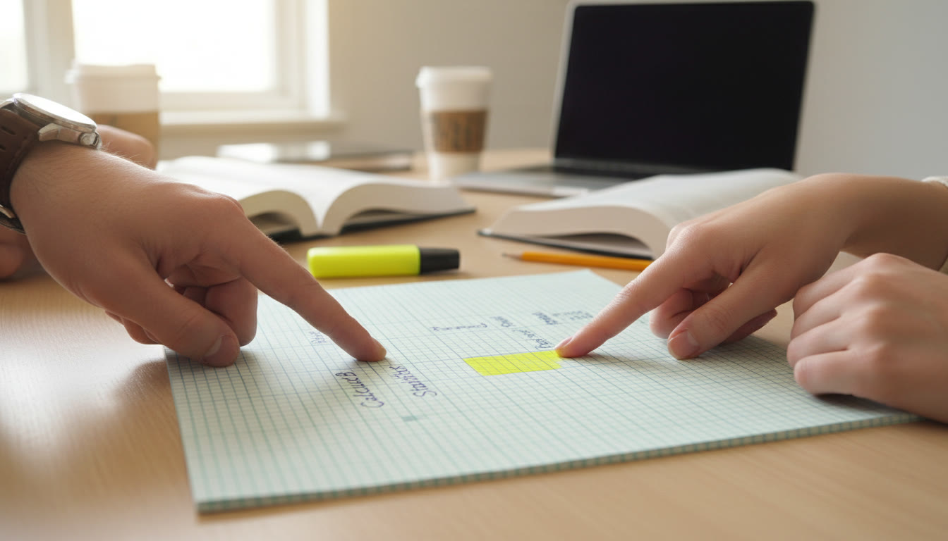 Photo Idea : A close-up of a two-way table drawn on graph paper with neat labels and a yellow highlighter marking the conditional cell — a tutor and student’s hands in the frame pointing at the cell, showing collaboration.