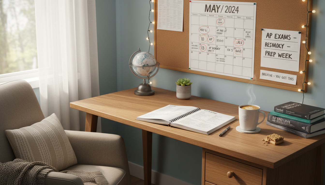 Photo Idea : A cozy study nook with a desk, open notebook, coffee, and a visible wall calendar showing a study plan — conveys calm and control.