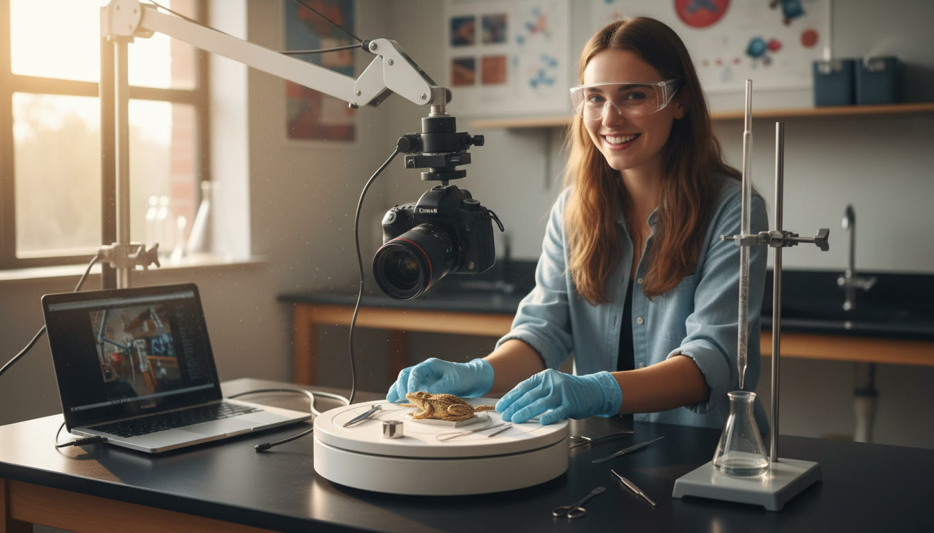 Photo Idea : A student wearing gloves and safety glasses arranging a turntable with small tools and a camera mounted overhead, capturing a step-by-step rotation of a biology dissection or a chemistry titration setup.