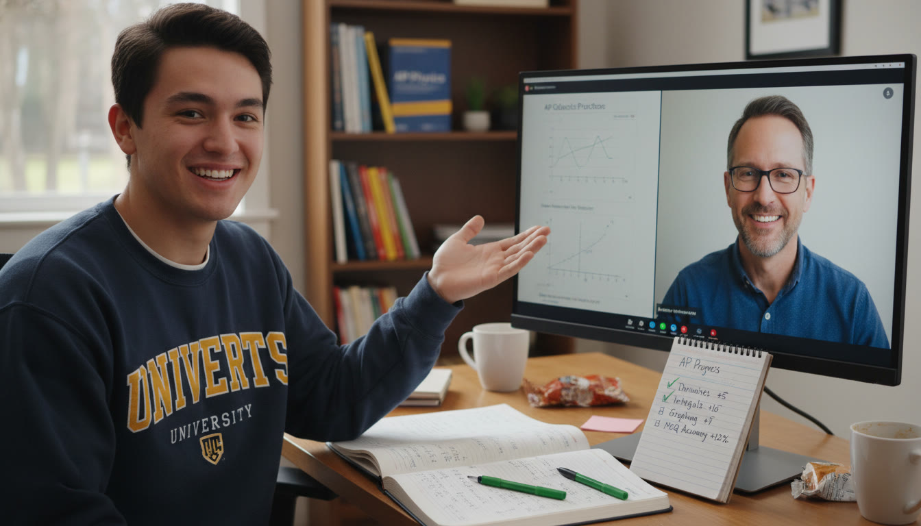 Photo Idea : A study snapshot later in the article: a student explaining a graph to a tutor over video call, with a notebook of practice problems open and a small checklist showing recent improvements.