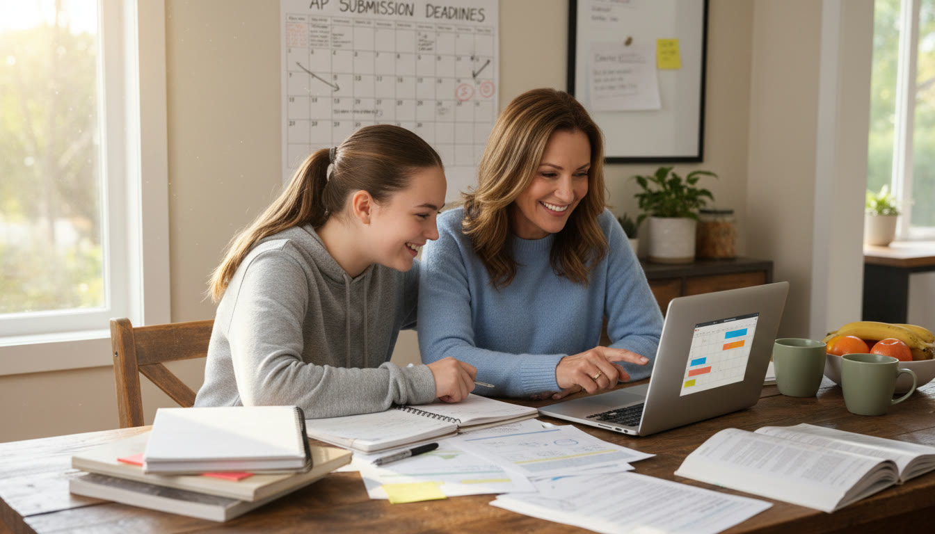 Photo Idea : A relaxed parent and teen at a kitchen table with a laptop and notes, planning a submission timeline — visualizes collaborative support and practical organization in the home.