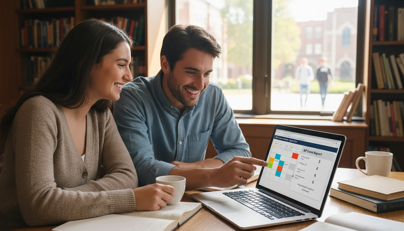 Photo Idea : A study scene showing a student and a tutor working one-on-one with a laptop that displays a course schedule and AP score report; the image reinforces personalized guidance and fits naturally in the sections about advising and tutoring.