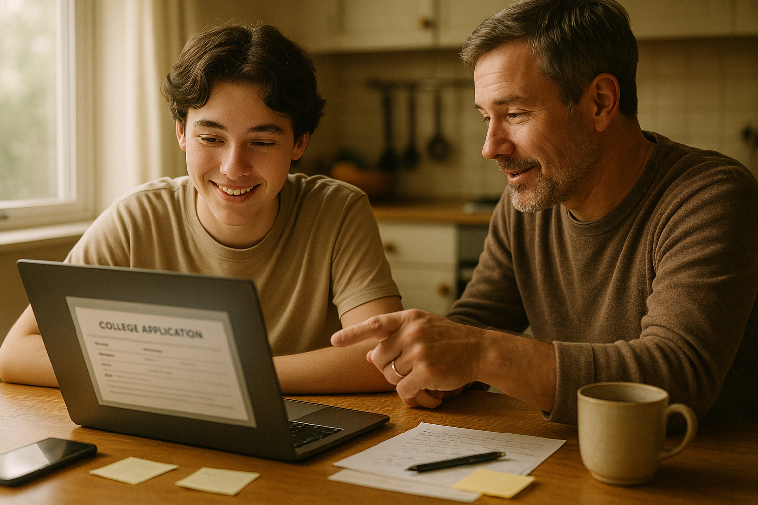 Photo Idea : A hopeful student sitting at a kitchen table with a parent, laptop open to a college application form, notes and a mug of tea nearby — warm, candid, collaborative moment.