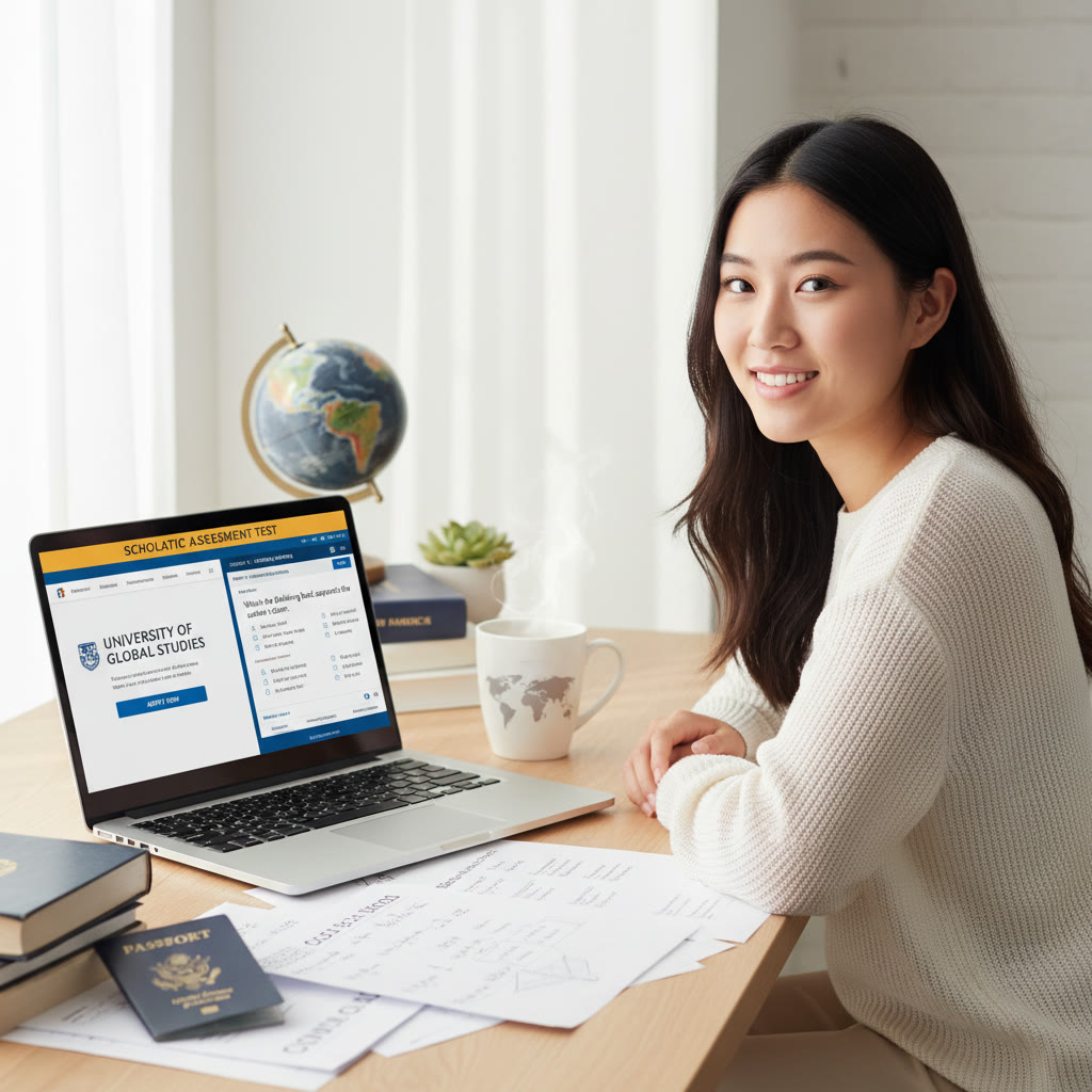 Photo Idea : A student at a desk with a laptop showing an application portal and a Digital SAT practice screen, papers and a cup of coffee — an image that conveys focused, modern test preparation and international aspirations.