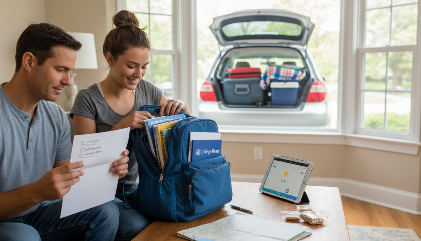 Photo Idea : A calm, focused parent and teen packing a backpack and checking a printed checklist next to a weather app and a car packed for a short trip—captures preparedness and the intersection of study and logistics.