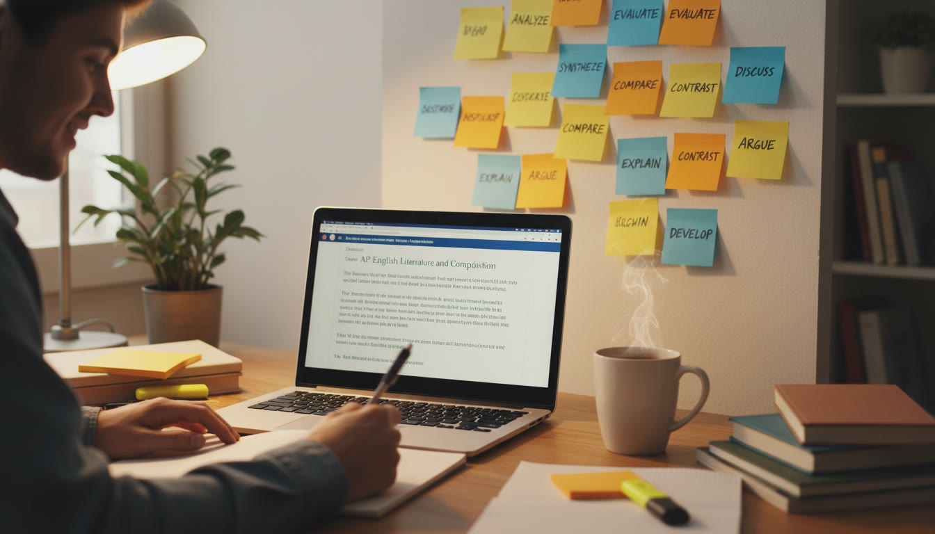 Photo Idea : A student at a desk with a colorful list of rubric verbs handwritten on sticky notes, a laptop open to an AP prompt, and a cup of coffee—warm, focused study atmosphere.