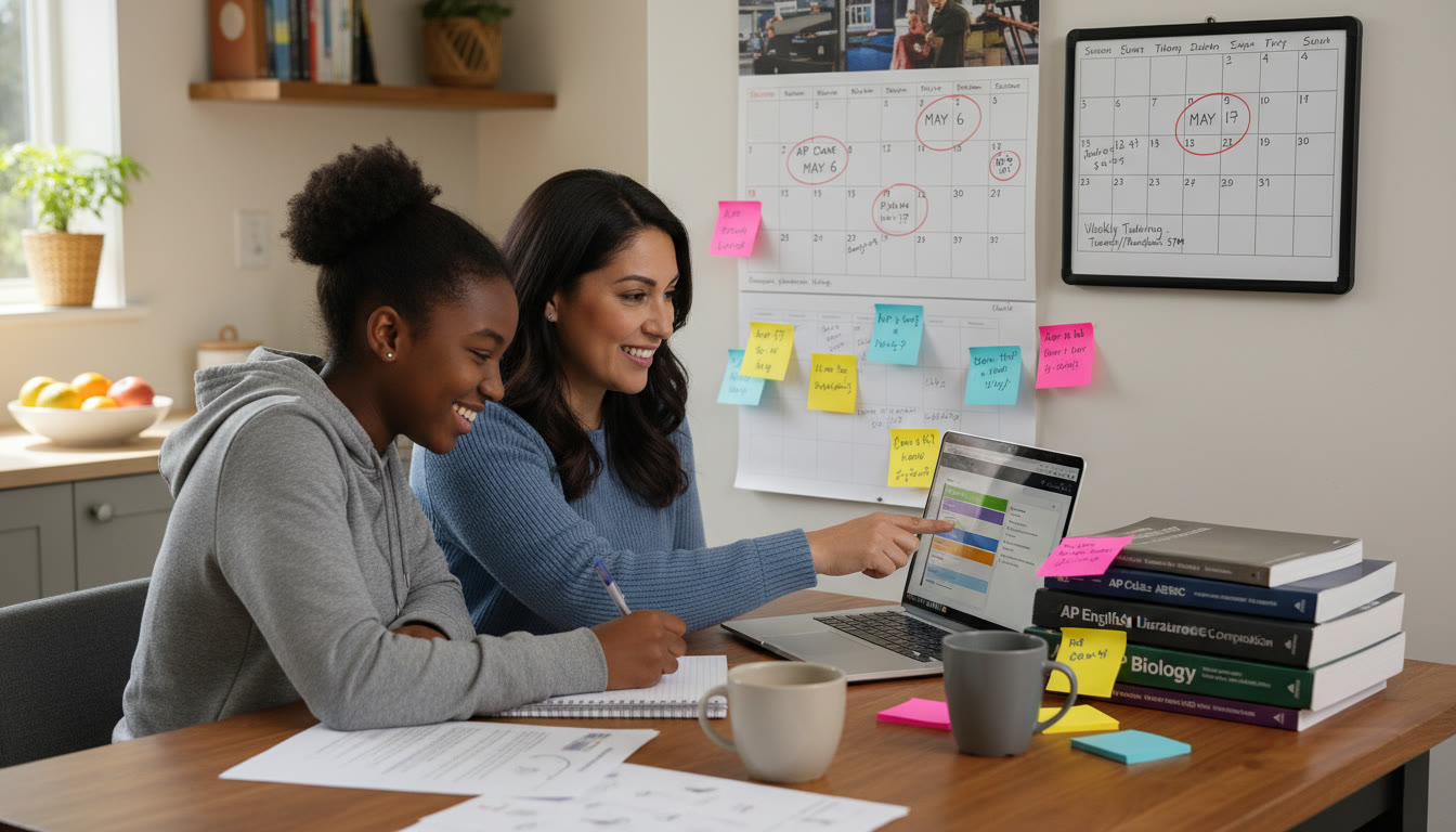 Photo Idea : A parent and student at a kitchen table with a laptop open to a study plan, AP textbooks, sticky notes, and a calendar marked with exam dates — illustrating shared planning and personalized tutoring sessions mid-article where action plans are discussed.