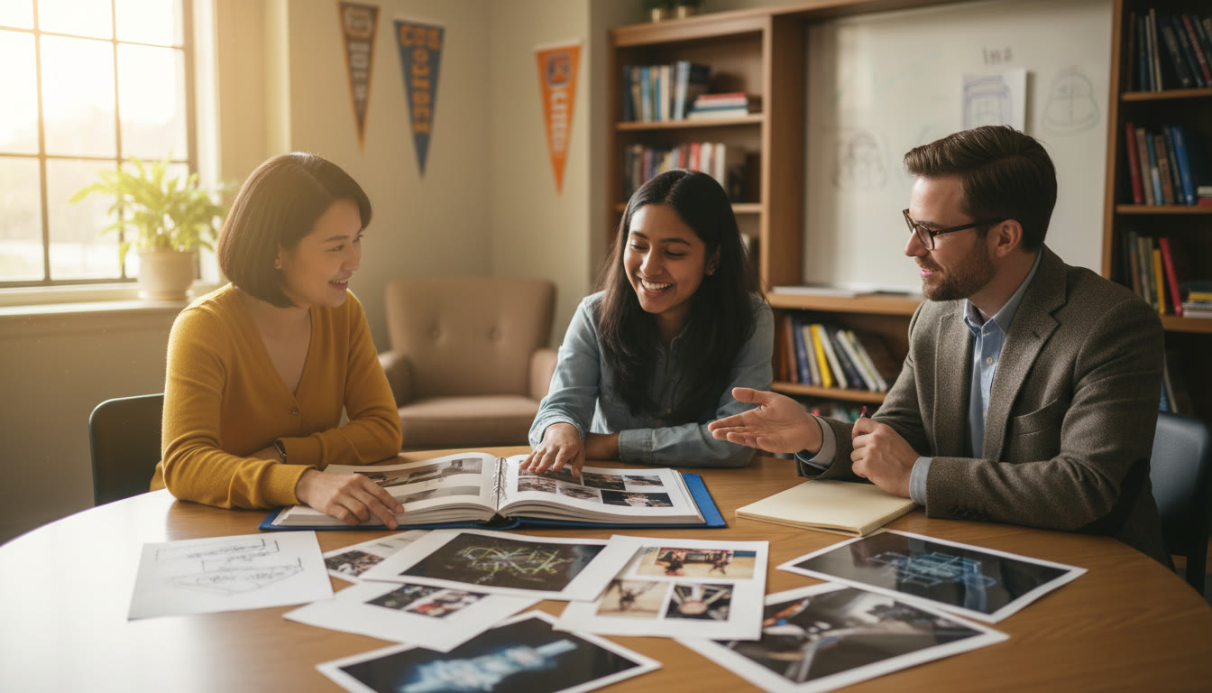 Photo Idea : A small group meeting with a college advisor and a student reviewing a portfolio; warm, collaborative atmosphere to suggest individualized guidance and mentorship.