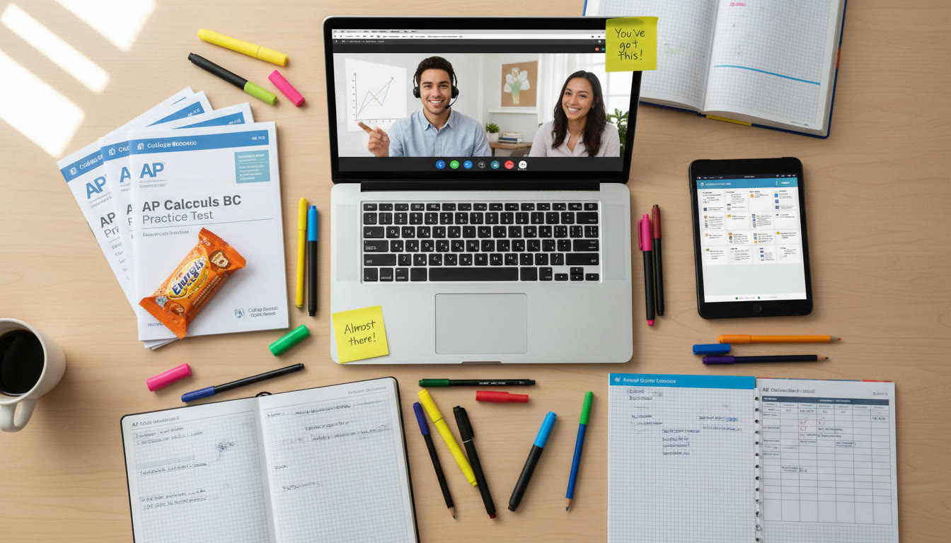 Photo Idea : A flat-lay of AP exam study materials — notebooks, highlighters, practice tests, and a tablet with a tutoring session on screen — communicates preparation and the role of personalized tutoring.