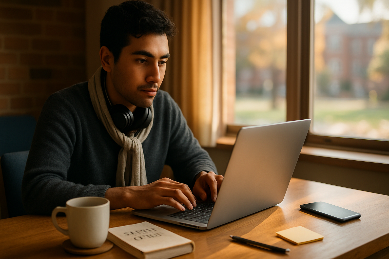 Photo Idea : A bright, candid photo of an international student focused on a laptop, with a campus guidebook and a cup of tea on the desk — evokes study, planning, and warmth.