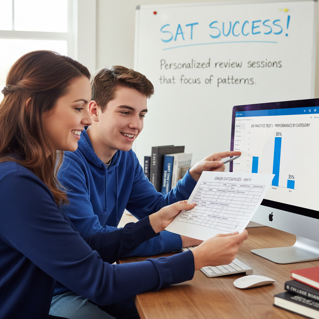 Photo idea: A tutor and student reviewing a printed table of error categories together, pointing at a computer screen—caption: 