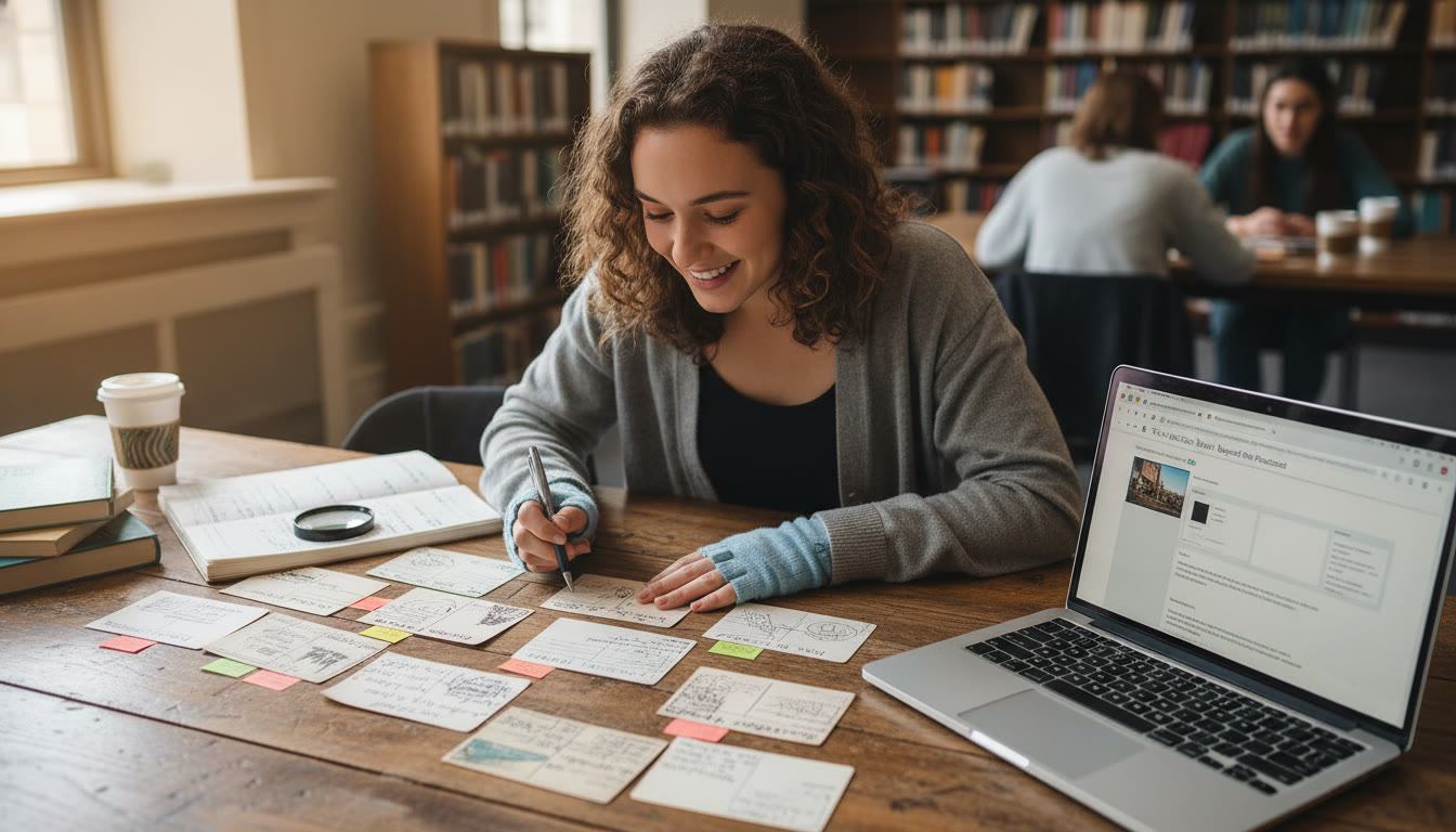 Photo Idea : A student curating a small table-top exhibit: annotated postcards, a notebook with handwritten notes, and a laptop with a draft digital exhibit, highlighting hands-on research and curation as part of humanities work.