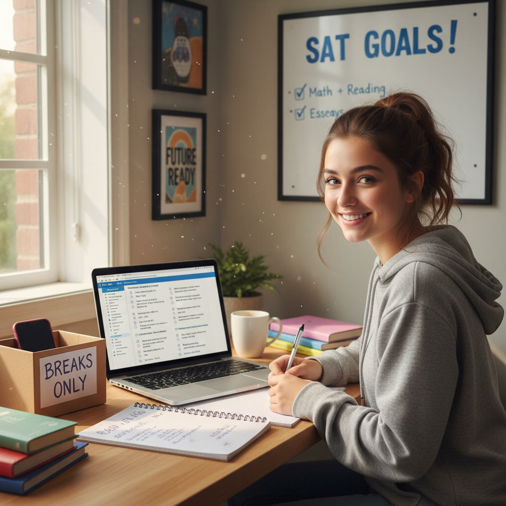 A student at a desk with a phone face-down in a small box labeled