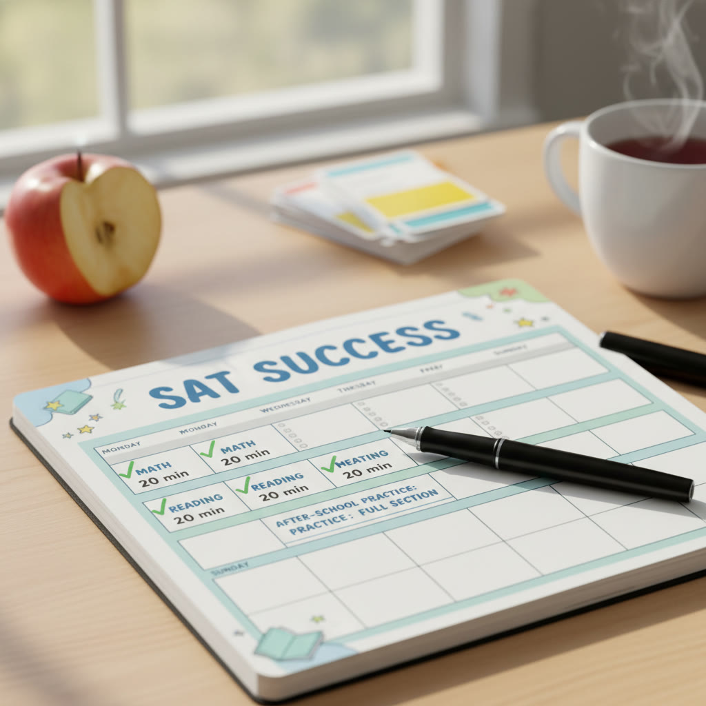 A simple weekly planner page open on a desk showing micro-sessions and an after-school practice block; a pen marks completed sessions.