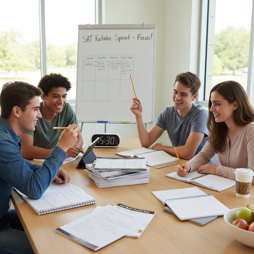Students studying together around a table with timed practice tests and an error log visible, capturing the focused energy of a retake sprint