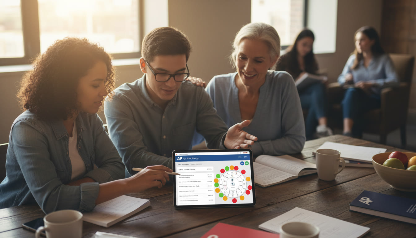 Photo Idea : A study session scene with two students and a tutor around a table, working with a tablet showing a personalized study plan and colored progress stickers on a calendar. Warm, collaborative atmosphere to show support and focused work.