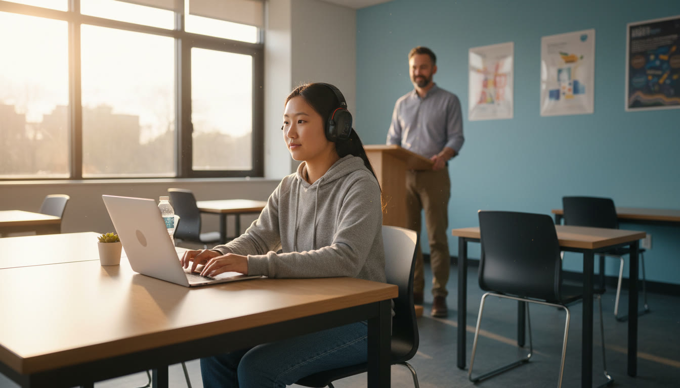 Photo Idea : A calm testing room with a student using a laptop and a proctor nearby, sunlight streaming in — conveying focus and accommodations like a computer or quiet space.