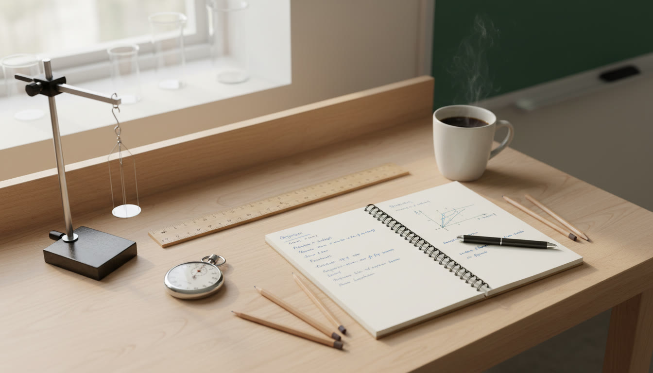Photo Idea : A top-down shot of a clutter-free lab bench with a meter stick, stopwatch, spring scale, and a notebook open to a neatly drawn experimental plan — warm natural light, pencils, and a coffee mug to show a human touch.