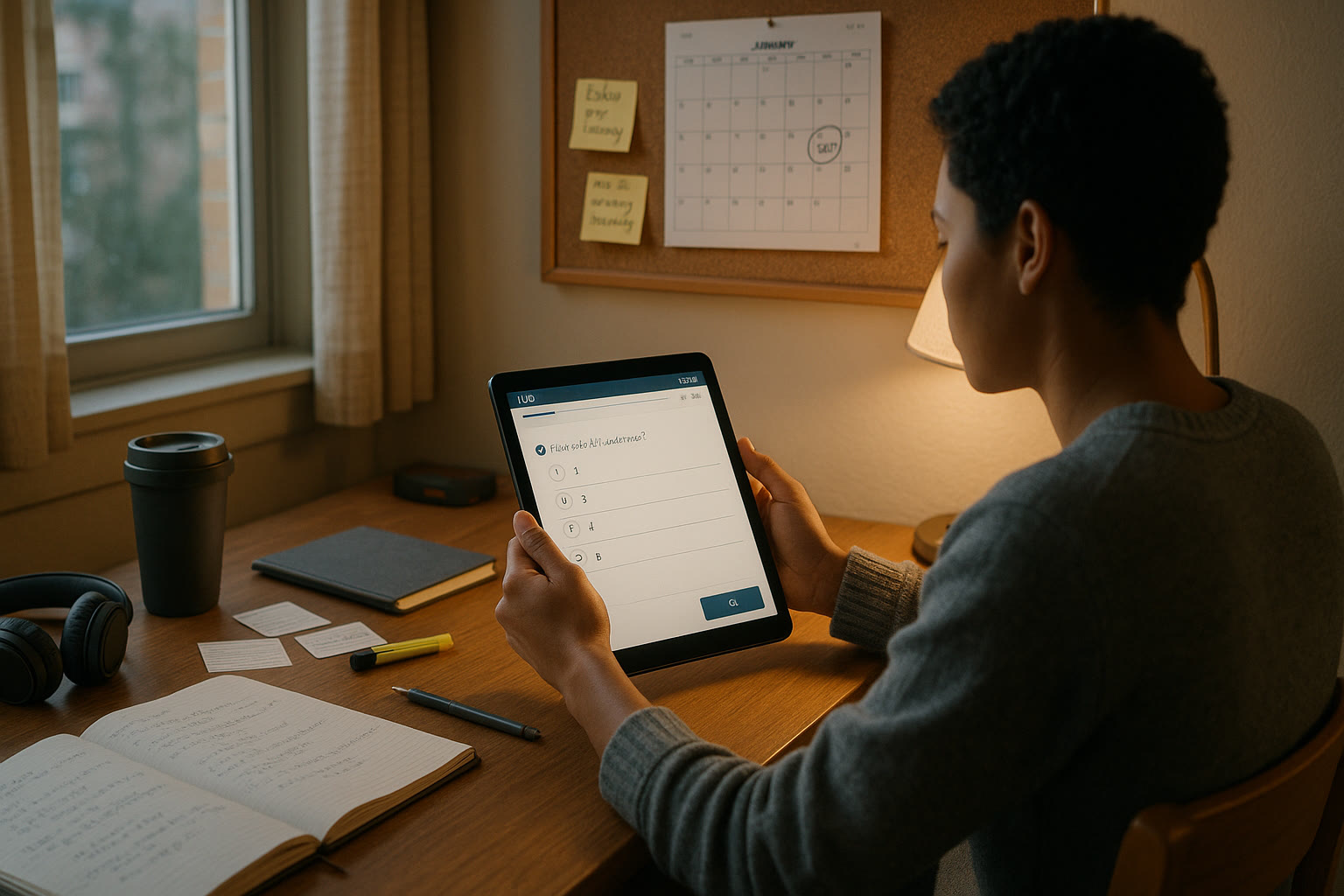 Photo Idea : A cozy study nook with a student using a tablet for Digital SAT practice, notebooks beside them and a calendar pinned on the wall showing test dates.