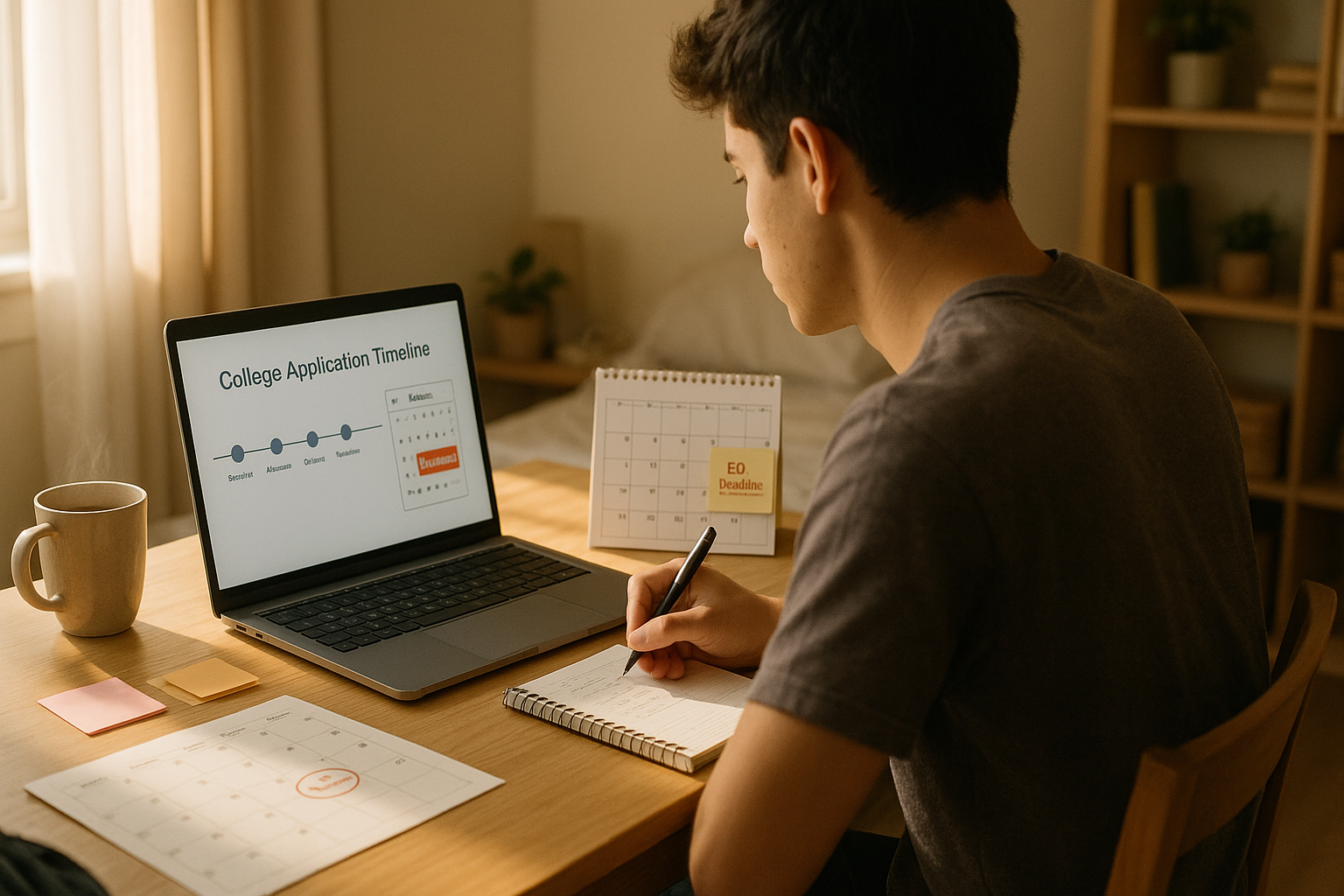 Photo Idea : A student sitting at a desk with a laptop open to a college application timeline. Soft morning light, a calendar with dates circled, and a calendar app showing “ED Deadline” highlighted.