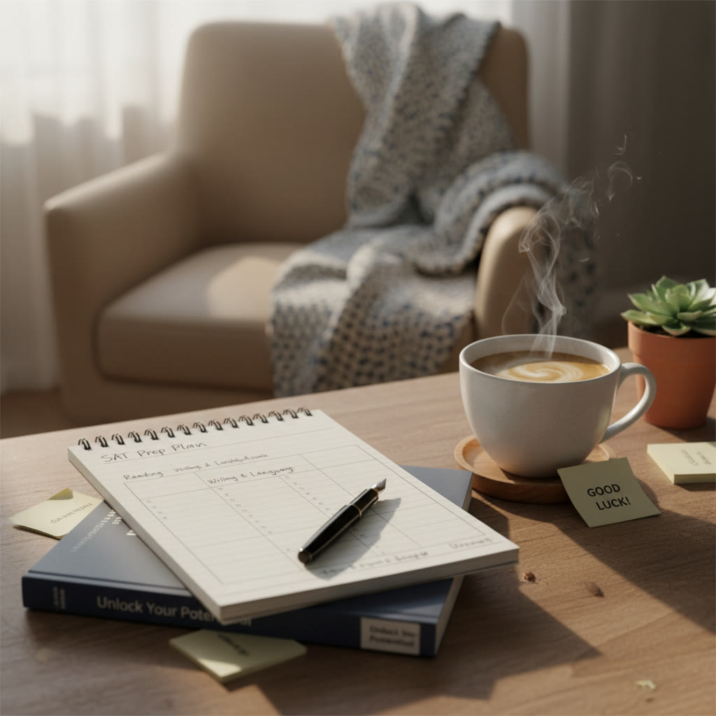 Open notebook with a short study schedule, a pen, and a cup of coffee — idea: cozy, realistic student study setup