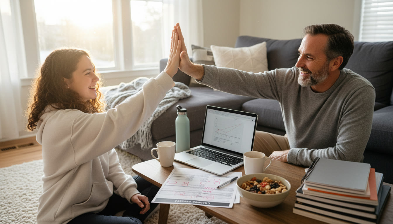 Photo Idea : A cozy living room scene showing a parent and teen high-fiving over a practice test celebrating incremental progress. A laptop, notebooks, and a snack bowl nearby to suggest sustainable study habits.