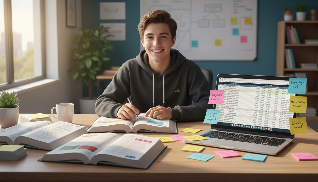 Photo Idea : A bright study scene with a high school student at a desk, AP textbooks spread out, a laptop showing a spreadsheet, and sticky notes with formulas—captures the mix of academic study and practical business tools.
