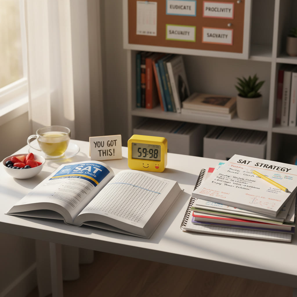 Front-facing photo of a desk with an SAT practice booklet, a timer, and handwritten notes — the scene suggests focus and calm preparation
