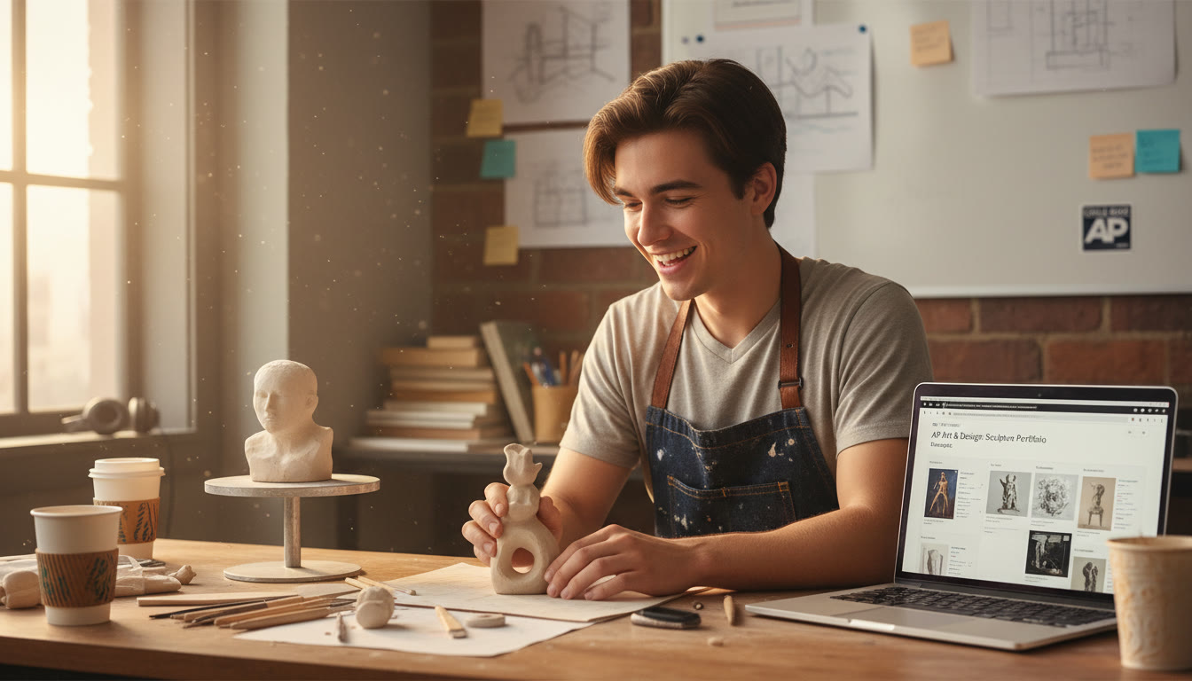 Photo Idea : A student working on both a sculpture and a laptop simultaneously, showing hands-on making and digital research side-by-side.