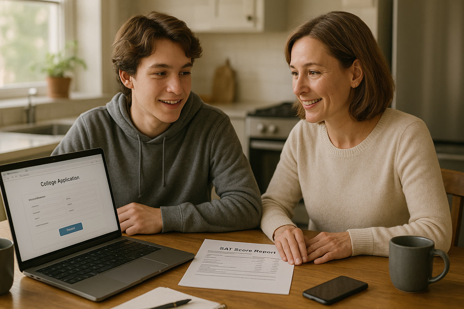Photo Idea : A student and parent at a kitchen table, laptop open to an application page, a printed SAT score report beside them—natural light, relaxed conversation.