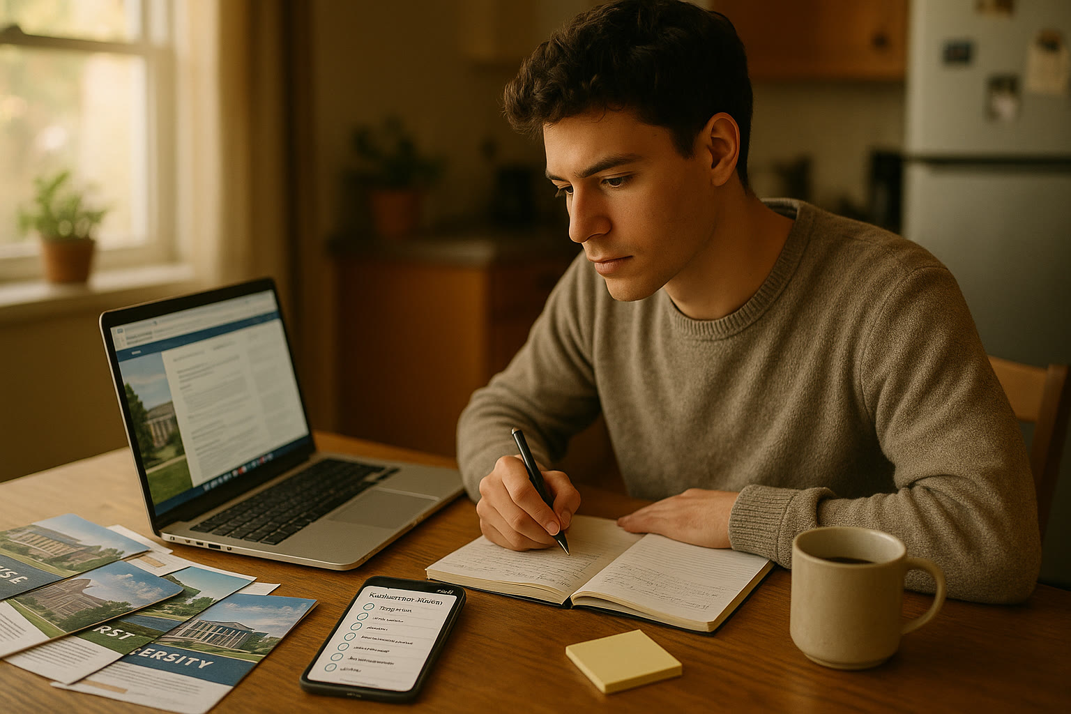 Photo Idea : A focused student at a kitchen table with a laptop, college brochures scattered, and a phone open to a college application checklist. Natural light, relaxed but purposeful mood.