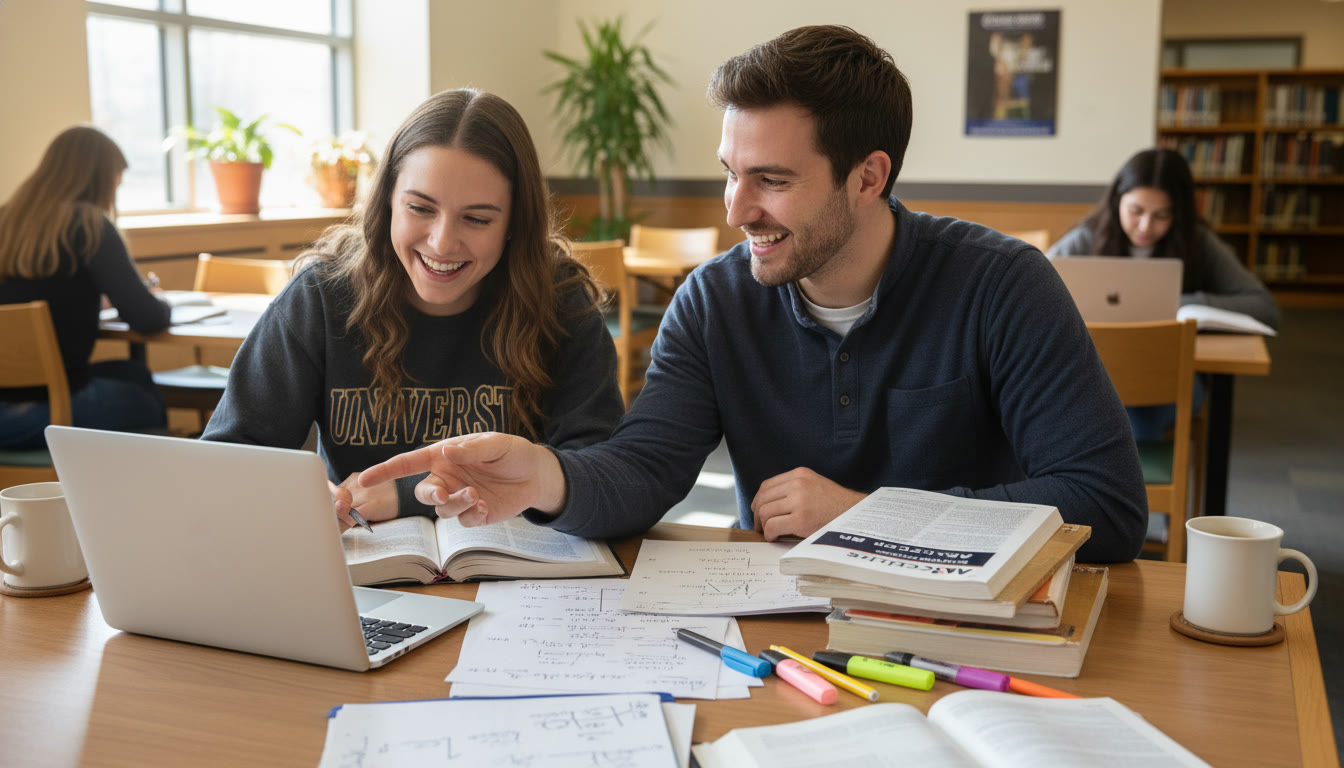 Photo Idea : A student and tutor working together over a table with notes and a laptop—conveying personalized tutoring, focused explanation, and friendly mentorship.