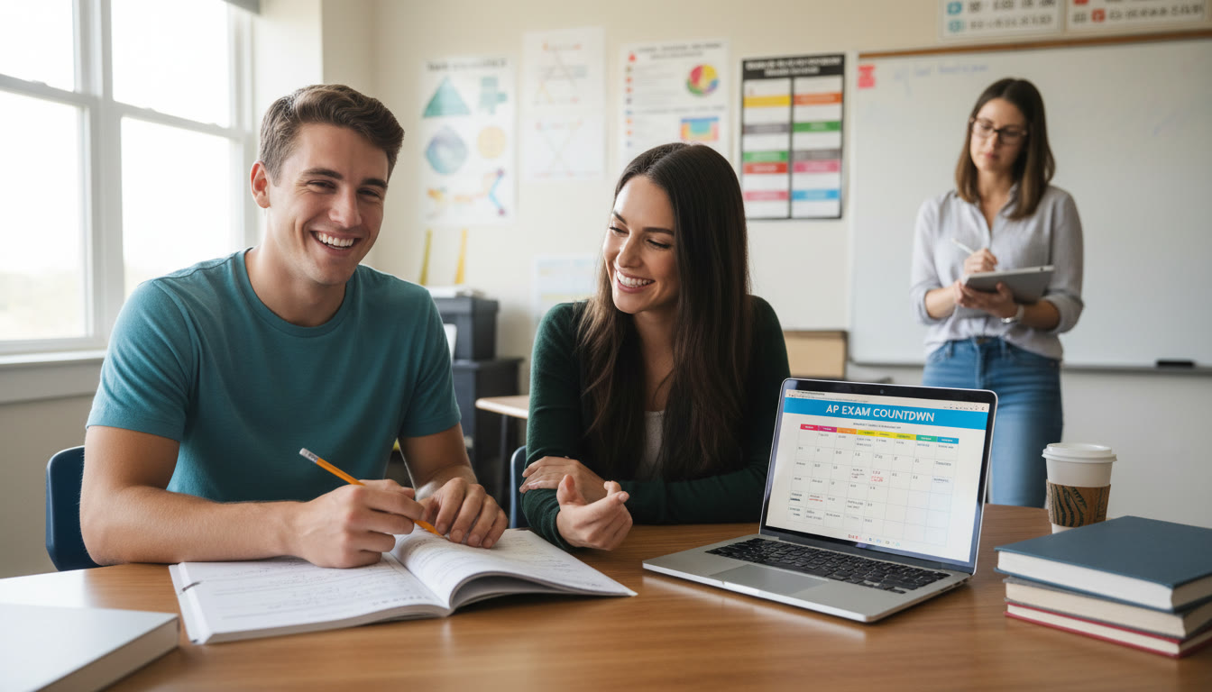 Photo Idea : A student sitting at a desk during an after-school AP prep session with a tutor reviewing a practice exam; there is a laptop screen with a study plan visible and a counselor observing and taking notes.