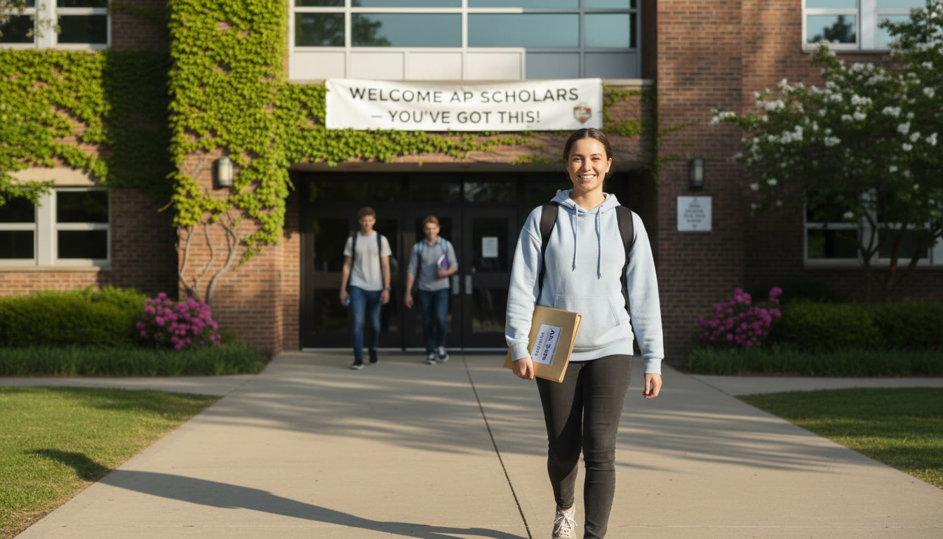 Photo Idea : A student calmly walking into a school with a backpack and a small folder labeled 