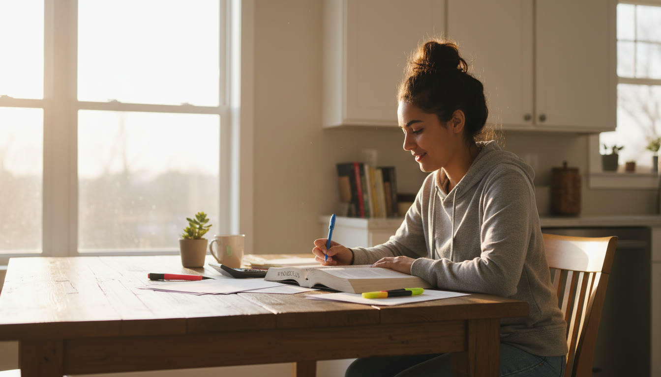 Photo Idea : A student at a kitchen table studying a single textbook and notes with a focused expression, sunlight streaming in — conveys intentional, calm study. Place near the start of the article to set tone and humanize the concept.