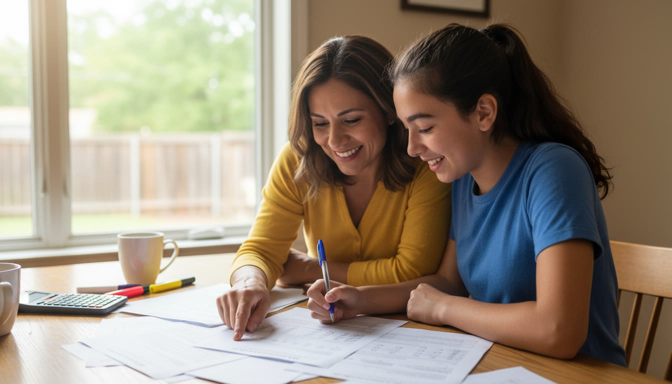 Photo Idea : A parent and teen at a kitchen table reviewing a printed practice test together, pointing at a problem. The scene should feel supportive and collaborative, with soft window light to suggest calm focus.