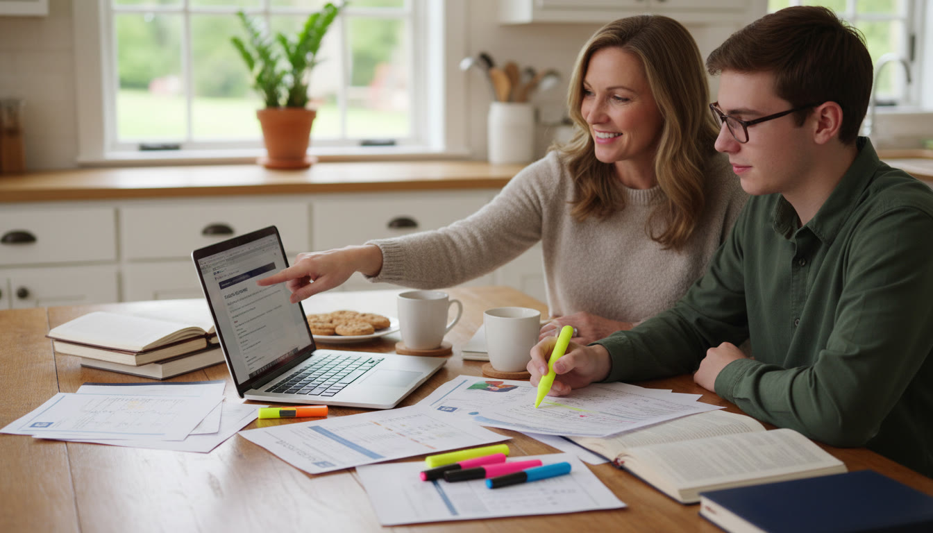 Photo Idea : A parent and teen reviewing a college application checklist and score report on a kitchen table papers, a laptop, and highlighters visible. The scene conveys collaboration, planning, and calm teamwork.