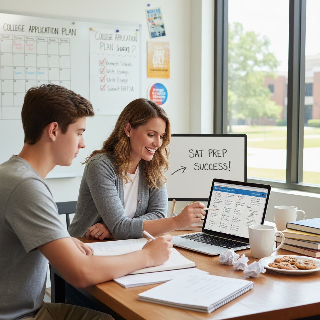 Photo Idea : A calm, focused scene of a tutor and student working together over an SAT practice test on a laptop, with notes and a visible checklist titled 