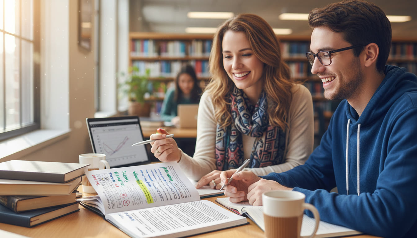 Photo Idea : Close-up of a scored free-response booklet with rubric annotations and a tutor and student discussing the marking. The scene shows practical feedback: highlighted strengths and a plan for revision.