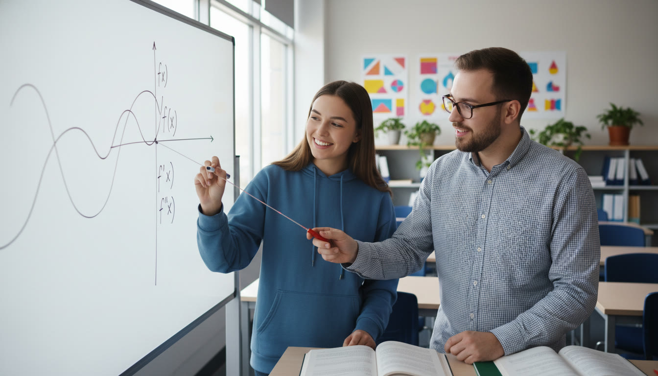Photo Idea : A bright, modern classroom scene showing a student sketching a function on a whiteboard while a tutor points to a drawn tangent line and labels f, f', and f''—conveys hands-on learning and the visual nature of calculus.