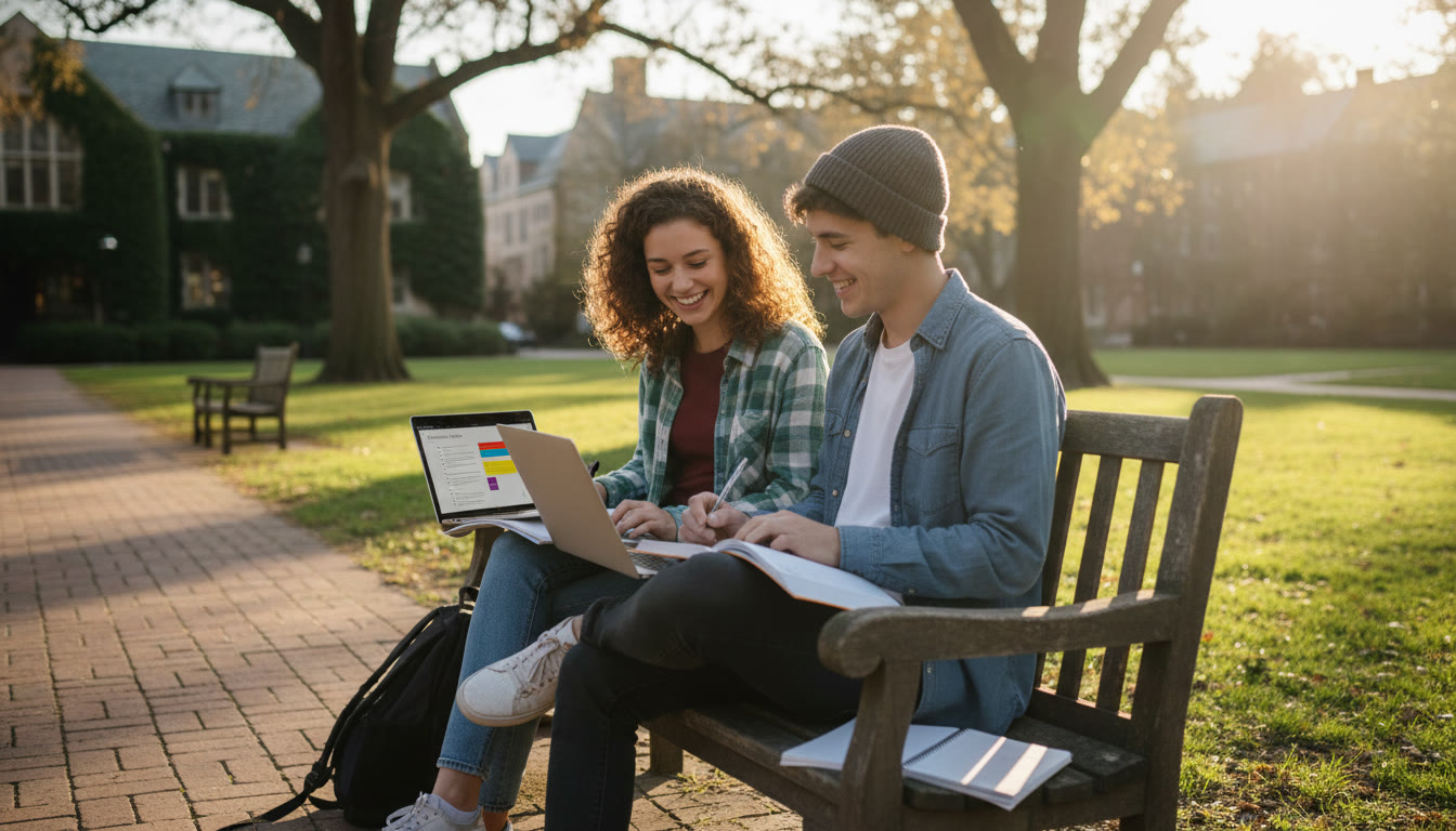 Photo Idea : A candid shot of two high-school students studying together on a campus-style bench with notebooks and a laptop open to a study plan — warm late-afternoon light, showing focus and camaraderie.
