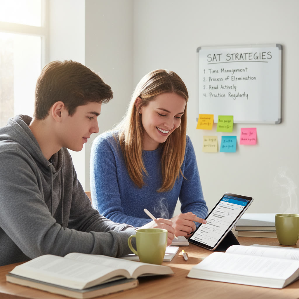 Photo Idea : A study scene showing a tutor and student reviewing a digital SAT practice test on a tablet, with a small whiteboard of note-taking strategies in the background.