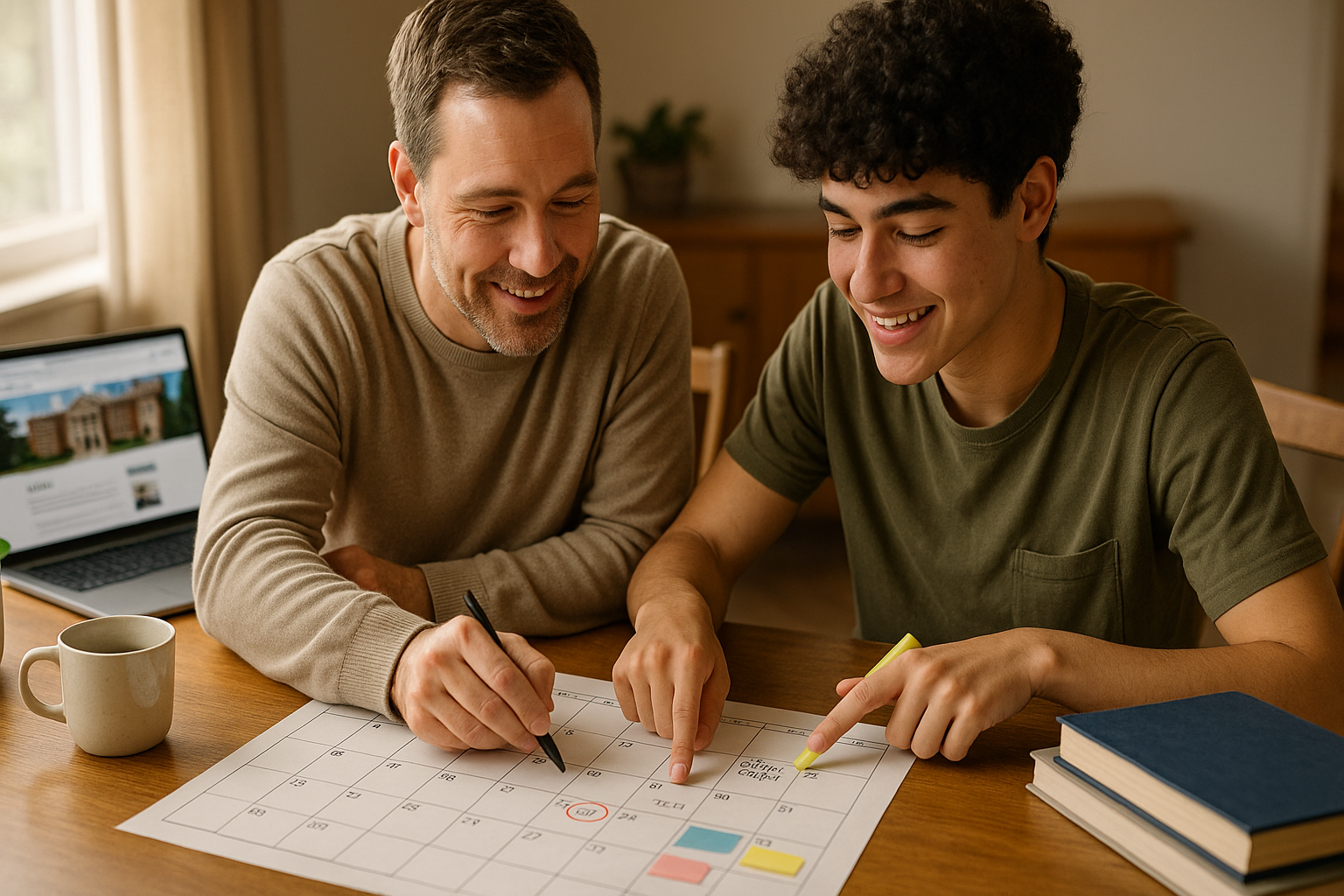 Photo Idea : A parent and student reviewing a calendar together at a dining table, pointing at test dates and college deadlines, smiling and relaxed—illustrates collaborative planning and support.