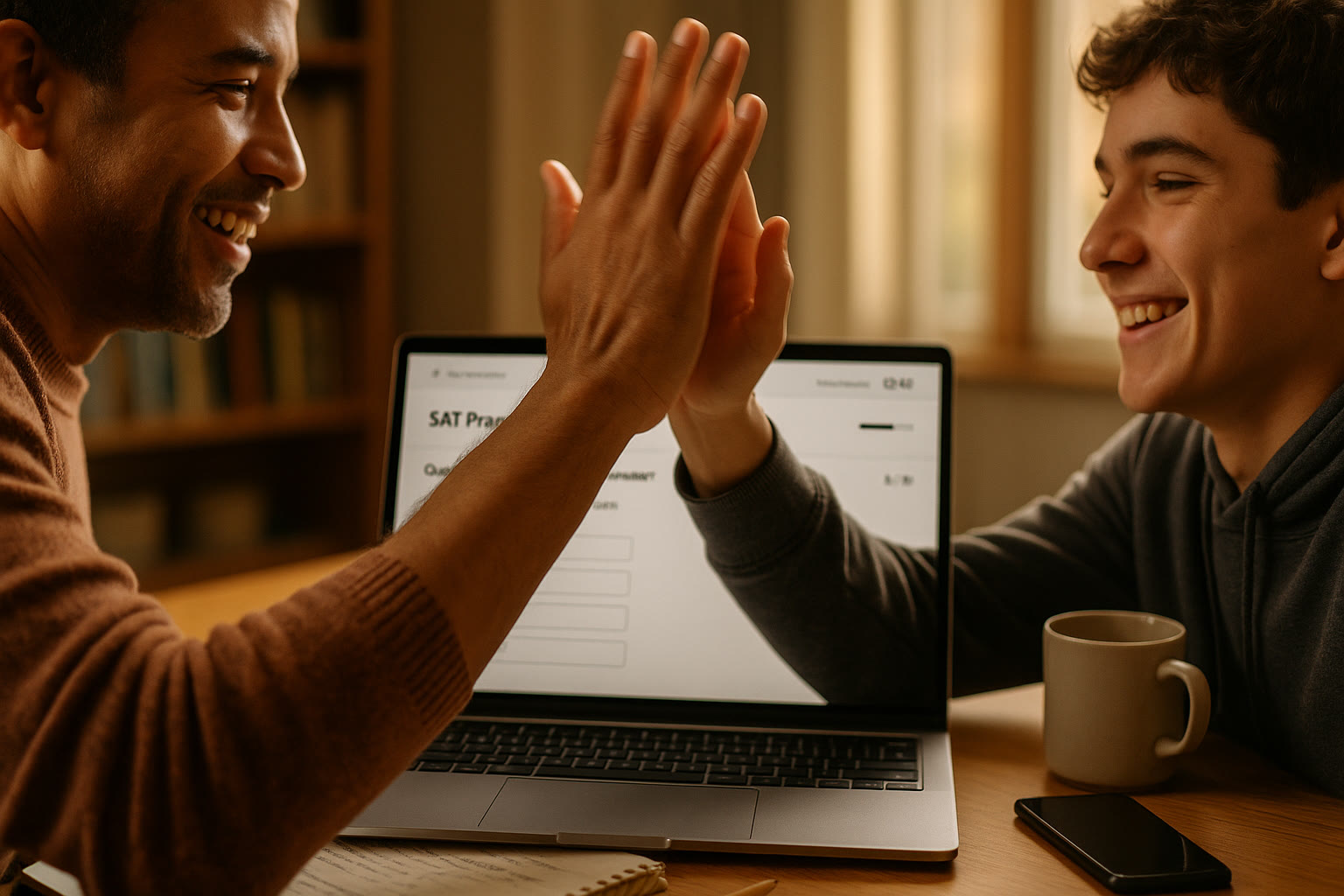 Photo Idea : Close-up of a parent and teen high-fiving over a laptop with a digital SAT practice screen visible.