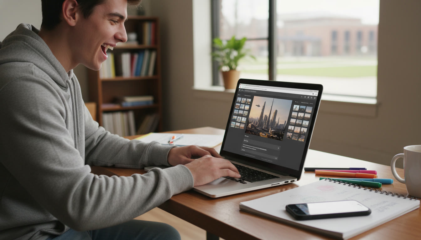 Photo Idea : A student at a desk creating a digital portfolio on a laptop, with a notepad and smartphone beside them. The screen shows a slide thumbnail and visible alt text field being filled.
