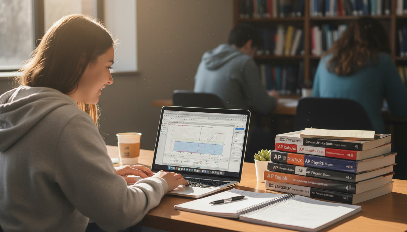 Photo Idea : A student at a desk using the Desmos graphing interface on a laptop inside a quiet study space, with a stack of AP prep books and notes beside them — natural light, focused expression.