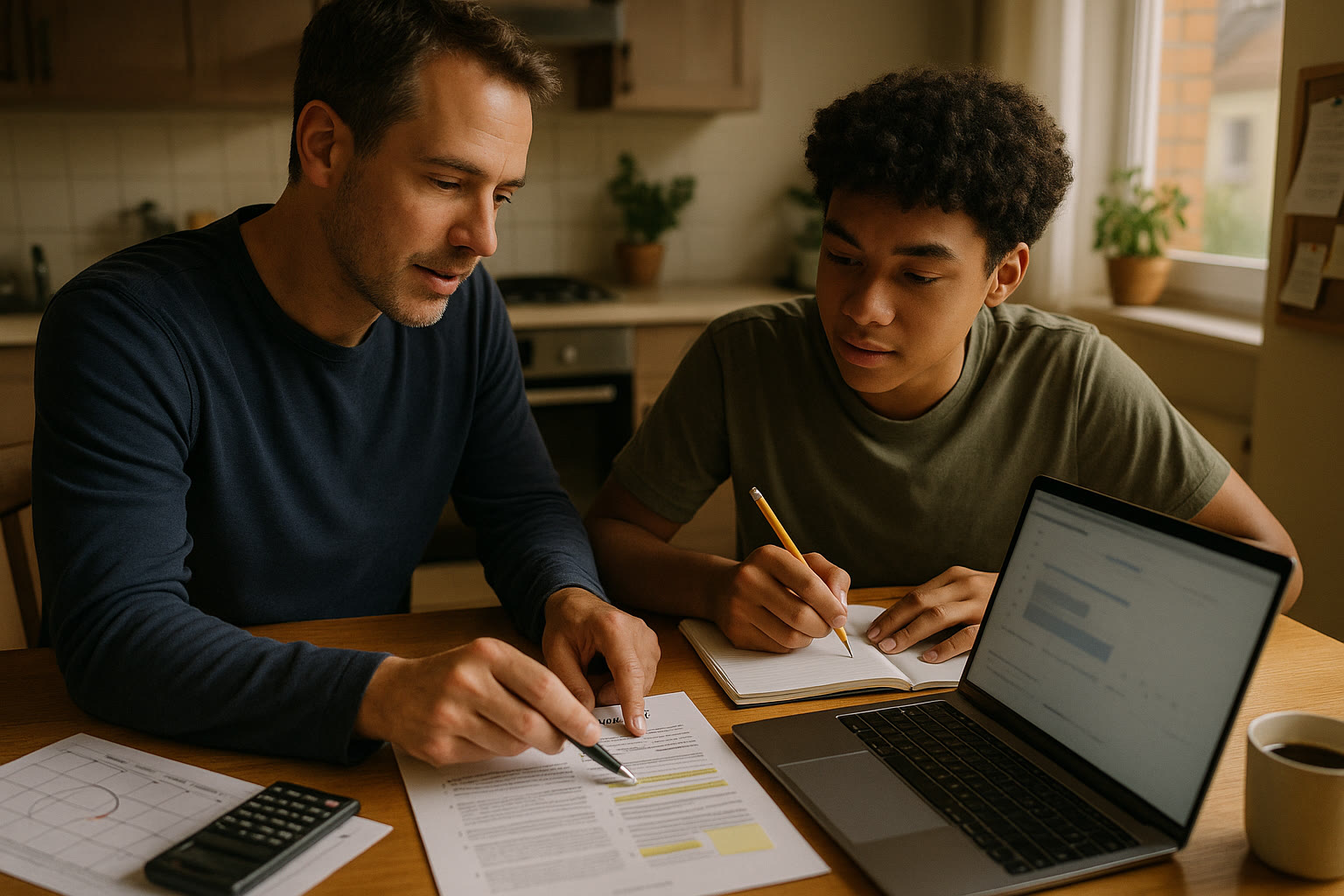 Photo Idea : A parent and student together at a kitchen table, reviewing a printed practice test and laptop, planning next steps — conveys teamwork and proactive planning.
